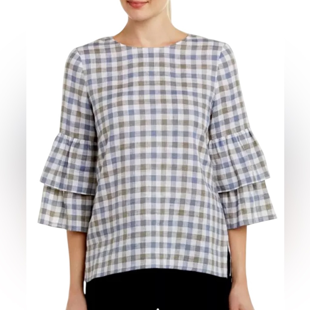Lafayette 148 New York Mabel Linen Blouse Gingham Ruffle Sleeve Top Small $348
